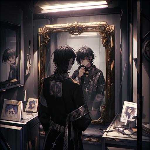 young man, looking in the mirror, sad face, black and white jacket, black shirt, necklace --niji 5 --stylize 1000
