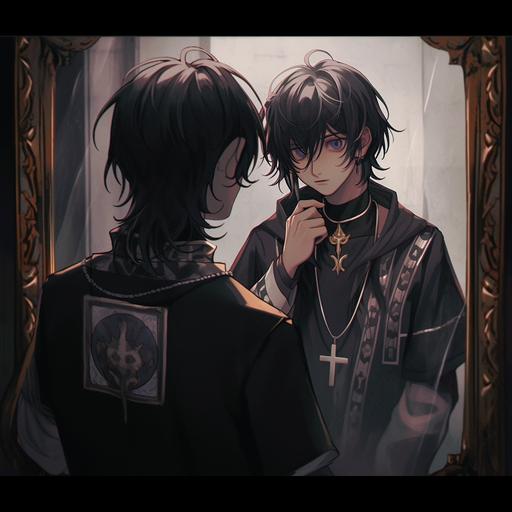 young man, looking in the mirror, sad face, black and white jacket, black shirt, necklace --niji 5 --stylize 1000 --q 2