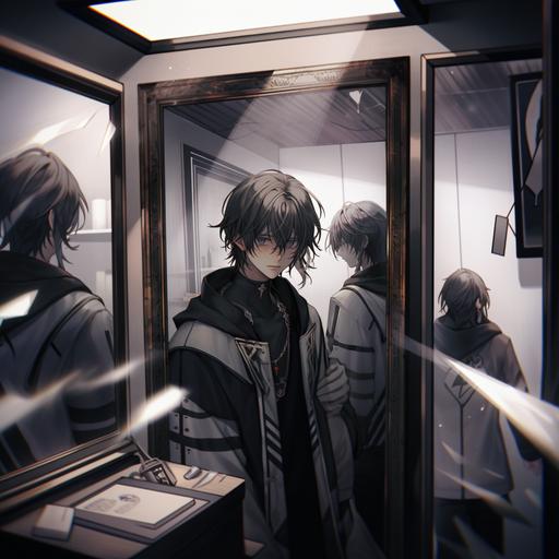 young man, looking in the mirror, sad face, black and white jacket, black shirt, necklace --niji 5 --stylize 1000