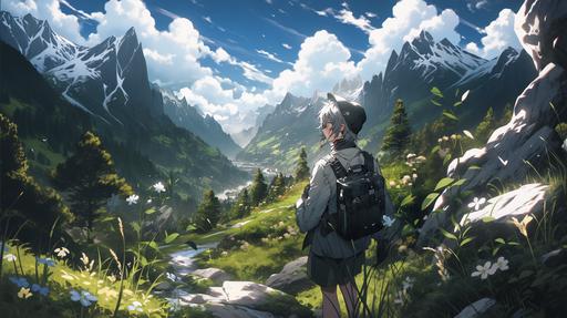young man, suzuya juuzou, gray hair, black and white attire, walking through a valley, hyper ultra-realistic, exceptionally detailed --niji 5 --stylize 1000 --ar 16:9