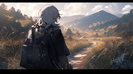 young man, suzuya juuzou, gray hair, black and white attire, walking through a valley, hyper ultra-realistic, exceptionally detailed --niji 5 --stylize 1000 --ar 16:9