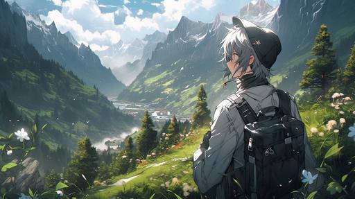 young man, suzuya juuzou, gray hair, black and white attire, walking through a valley, hyper ultra-realistic, exceptionally detailed --niji 5 --stylize 1000 --ar 16:9