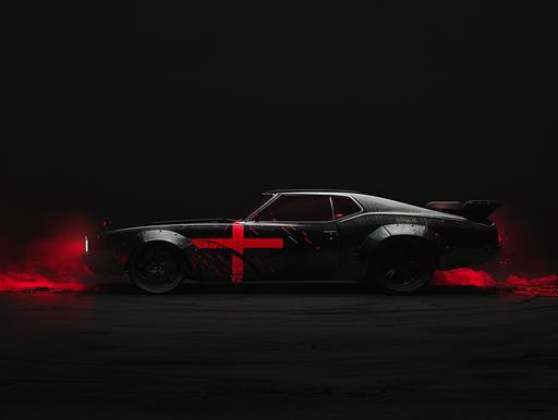 a black car is in the dark, in the style of shwedoff With a cathedral cross painted on the bodywork, raw and emotional imagery, mamiya rb67, frank miller, supernatural creatures, light crimson and light black, ultrafine detail --ar 4:3 --v 6.0