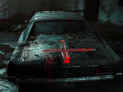 a black car is in the dark, in the style of shwedoff With a cathedral cross painted on the bodywork, raw and emotional imagery, mamiya rb67, frank miller, supernatural creatures, light crimson and light black, ultrafine detail --ar 4:3 --v 6.0