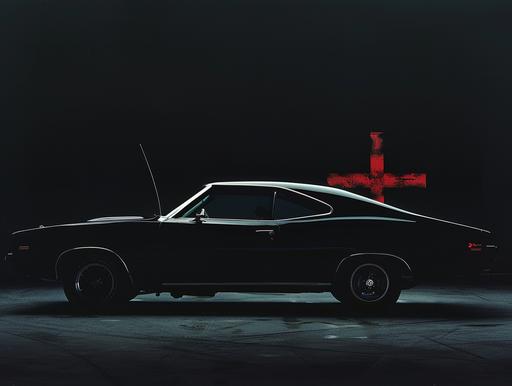 a black car is in the dark, in the style of shwedoff With a cathedral cross painted on the bodywork, raw and emotional imagery, mamiya rb67, frank miller, supernatural creatures, light crimson and light black, ultrafine detail --ar 4:3 --v 6.0