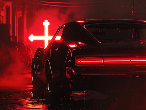 a black car with bright red tail lights and an engine With a cathedral cross painted on the bodywork, in the style of monochromatic minimalist portraits, realistic chiaroscuro lighting, criterion collection, 1970–present, supernatural creatures, rendered in unreal engine, dark amber and amber --ar 4:3