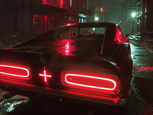 a black car with bright red tail lights and an engine With a cathedral cross painted on the bodywork, in the style of monochromatic minimalist portraits, realistic chiaroscuro lighting, criterion collection, 1970–present, supernatural creatures, rendered in unreal engine, dark amber and amber --ar 4:3