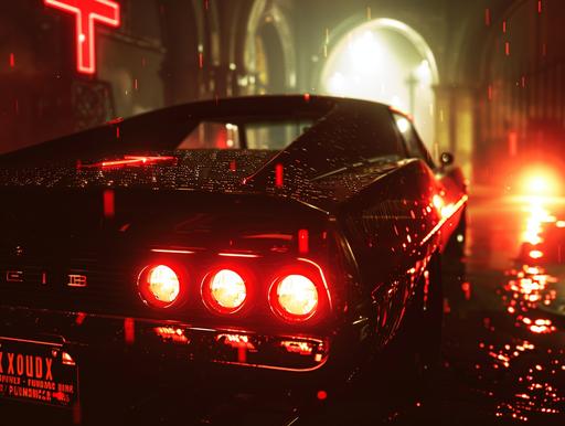 a black car with bright red tail lights and an engine With a cathedral cross painted on the bodywork, in the style of monochromatic minimalist portraits, realistic chiaroscuro lighting, criterion collection, 1970–present, supernatural creatures, rendered in unreal engine, dark amber and amber --ar 4:3 --v 6.0