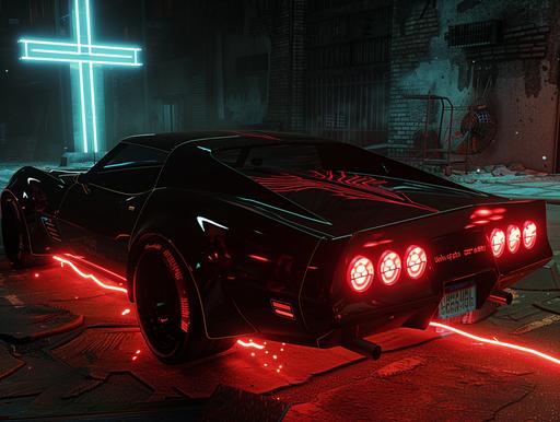 a black car with bright red tail lights and an engine With a cathedral cross painted on the bodywork, in the style of monochromatic minimalist portraits, realistic chiaroscuro lighting, criterion collection, 1970–present, supernatural creatures, rendered in unreal engine, dark amber and amber --ar 4:3 --v 6.0