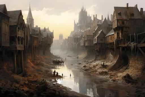 painting of a fantasy city with brutal class devide in central europe, a single wide river flows through the city, the inner walls are massive and inside are buildings of gold and silver, the outside is muddy and dirty --ar 3:2