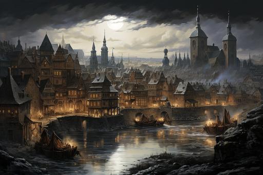 painting of a fantasy city with brutal class devide in central europe, a single wide river flows through the city, the inner walls are massive and inside are buildings of gold and silver, the outside is muddy and dirty --ar 3:2