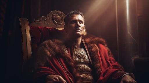 .Hyper realistic bright photograph of ancient rome Emperor Julius Caesar,sitting on his throne wearing a ancient rome crown,sun backlighting, real photography, fujifilm superia,full HD, taken on a Canon EOS R5 F1. 2 ISO100 --ar 16:9