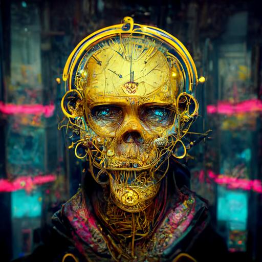 God of time and order, trancending time and space, ornate, datailed, epic, hyper realistic, detailed, Golden details, neonpunk wires