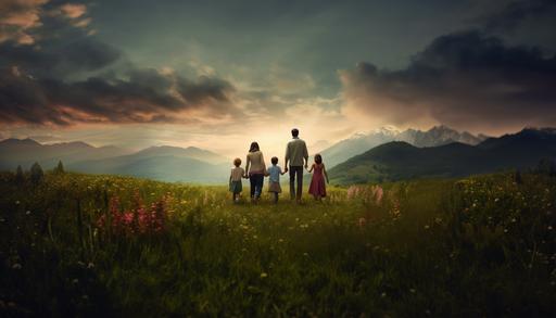 father and family landscape wallpaper, happy --aspect 7:4 --no cartoon, drawing, animation, sketch, illustration