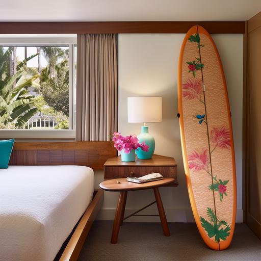 hotel room with surfboard and Hawaiian flower necklace --v 5