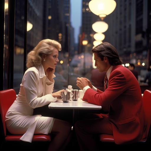 80’s vibe, in broadway in a cafe, an elegant high class couple chatting, off-Broadway, 1980