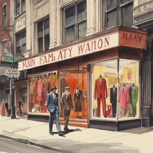 A fashion design sketch of a suit shop in Manhattan m, from 1965 uptown vibes Broadway fifth avenue