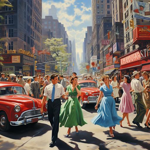 A vibrant scene of Broadway in 1950, street performance, off-Broadway, old Manhattan