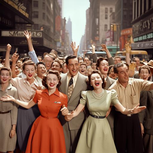 A vibrant scene of Broadway in 1950, street performance, off-Broadway, old Manhattan
