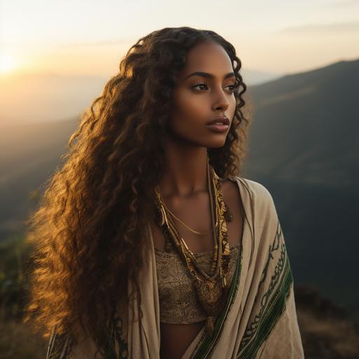 An Ethiopian female model with high cheekbones and super long hair, wearing traditional clothes, standing on an Ethiopian green mountain, with an ecliptic view of sunset in the background