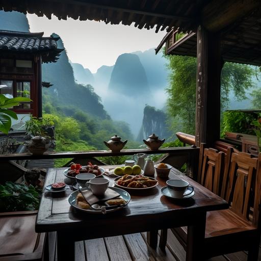 Zhangjiajie rural China, beautiful scenery, a long Chinese bridge, mountains with Chinese temples on the side, a beautiful old cottage with large windows and view, a wooden table antique with a bento meal on it