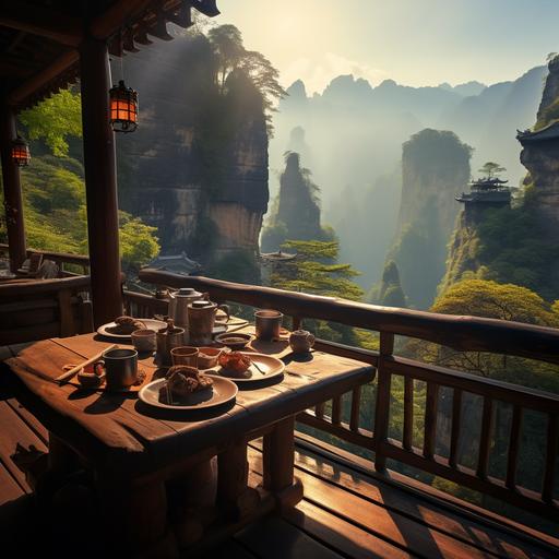 Zhangjiajie rural China, beautiful scenery, a long Chinese bridge, mountains with Chinese temples on the side, a beautiful old cottage with large windows and view, a wooden table antique with a bento meal on it