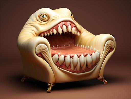 upholstery arm chair eating people who want to sit on it, big mouth and sharp teeth, funny caricature --ar 4:3