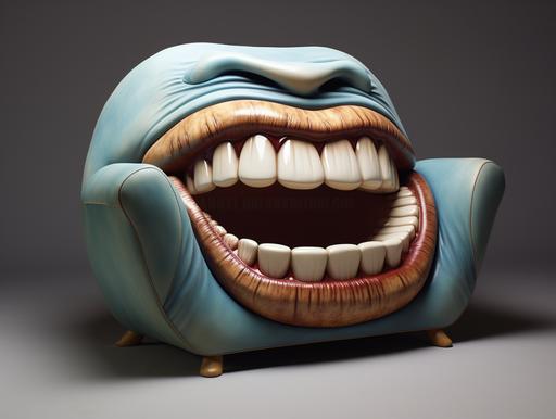 upholstery arm chair eating people who want to sit on it, big mouth and sharp teeth, funny caricature --ar 4:3