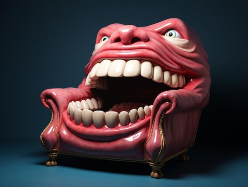 upholstery arm chair eating people who want to sit on it, big mouth and sharp teeth, funny caricature --ar 4:3