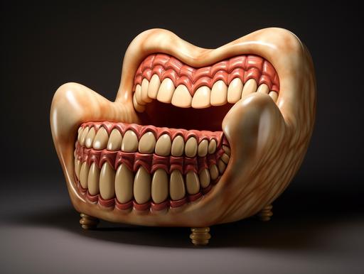 upholstery arm chair eating people who want to sit on it, big mouth and sharp teeth, funny caricature --ar 4:3