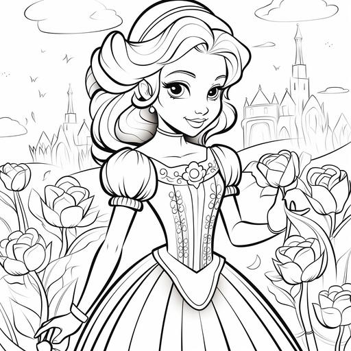 Coloring pages for children, tulip princess, cartoon style, thick lines, low details, no shading ar 9:11