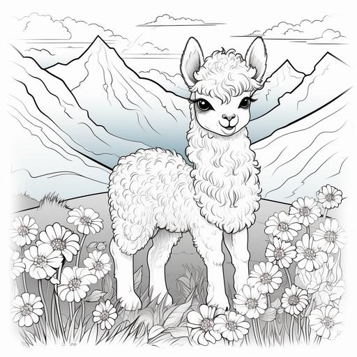 coloring page for kids, baby alpaca , cartoon style, thinck line, low detail, no shading ar 9:11