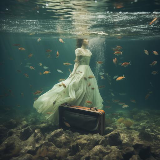 an open vintage suitcase floating deep underwater with a vintage dress floating out of it