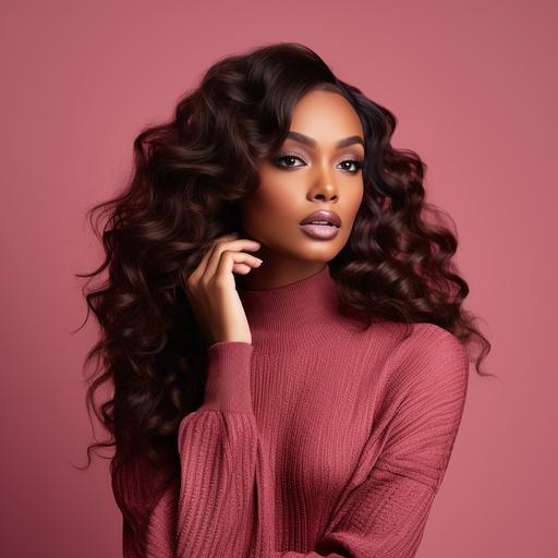 *A African American woman with dark radiant skin, wearing hair extensions, middle part, Brazilian loose wave lace wig, she is wearing a deep red wide neck turtleneck sweater, French manicure nails, posing, photo shoot concept against light shades of pink