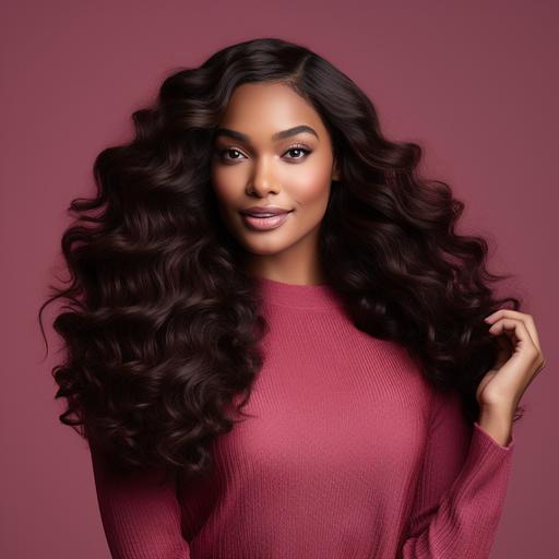 *A African American woman with dark radiant skin, wearing hair extensions, middle part, Brazilian loose wave lace wig, she is wearing a deep red wide neck turtleneck sweater, French manicure nails, posing, photo shoot concept against light shades of pink