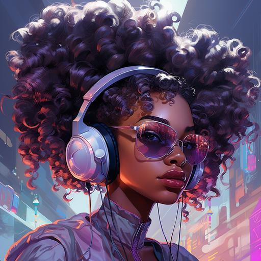 a African American girl, Two Afro puff ponytails, headphones, Afro futuristic, shades of purple, blue, pinks, tech , robot vibes