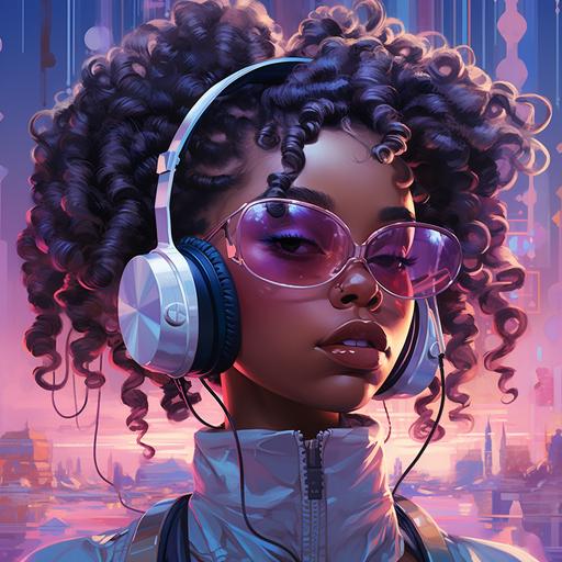 a African American girl, Two Afro puff ponytails, headphones, Afro futuristic, shades of purple, blue, pinks, tech , robot vibes