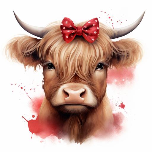 a digital illustration of a highland cow with red bows in her hair surrounded by red hearts , white background