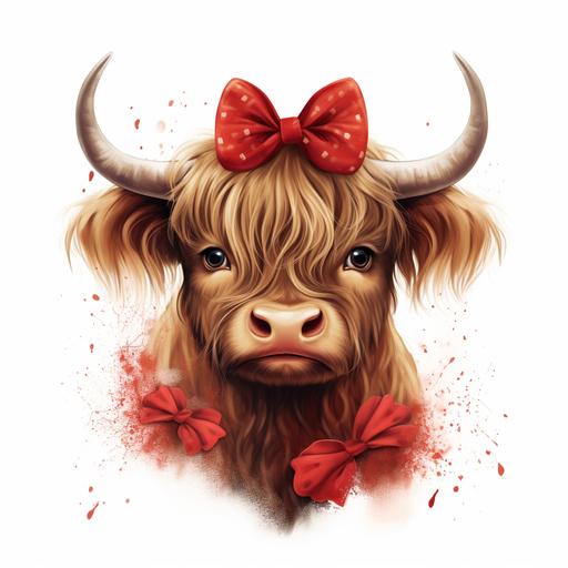 a digital illustration of a highland cow with red bows in her hair surrounded by red hearts , white background