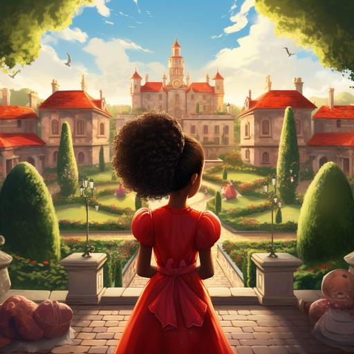 create a digital illustration of a view from behind of a little African American girl in a red dress , 2 Afro puff ponytails, standing in the middle of jubilant , colorful, garden, castle