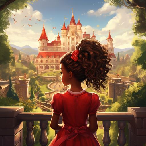 create a digital illustration of a view from behind of a little African American girl in a red dress , 2 Afro puff ponytails, standing in the middle of jubilant , colorful, garden, castle