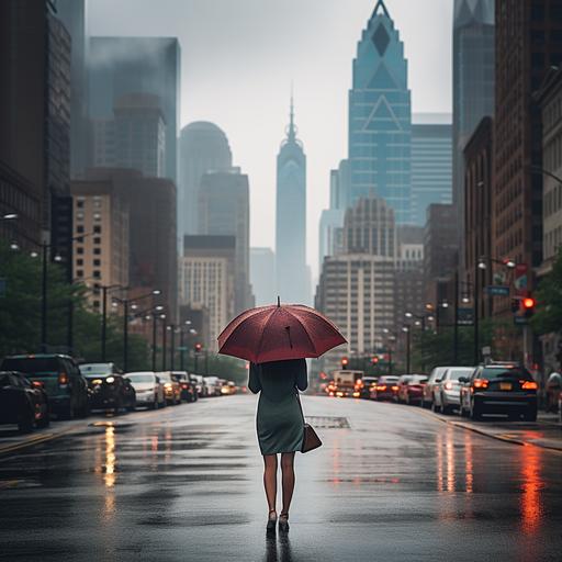 girl with umbrella from behind, walking in the city of Philadelphia, Philadelphia skyline, photography