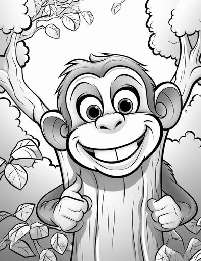 coloring books for kids, crazy smiling monkey, tree, cardboard style, thick lines, low details, black and white, no shading --ar 85:110