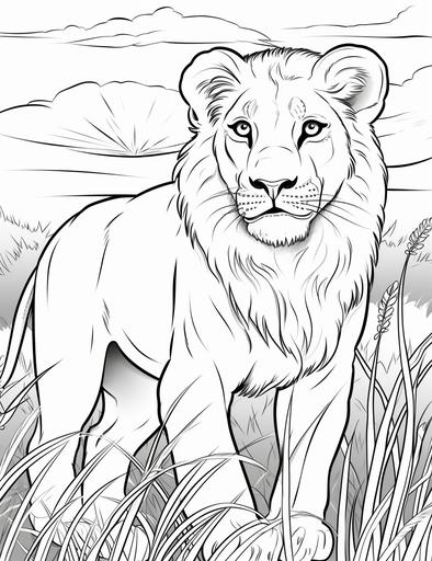 coloring pages for children, cheerful lion in the savannah, sunset, drawing style, thick lines, few details, black and white, no shading --ar 85:110