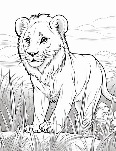 coloring pages for children, cheerful lion in the savannah, sunset, drawing style, thick lines, few details, black and white, no shading --ar 85:110