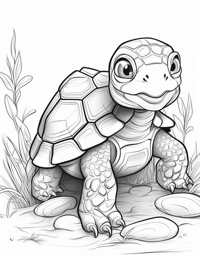 coloring pages for kids, funny turtle, carton style, thick lines, low details, black and white, no shading --ar 85:110