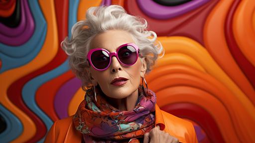wallpaper with purple and orange marbling, purple and white diamond tile floor, 80 year old lady with wild silver short hair, bright lipstick, big colorful sunglasses --ar 16:9 --s 250