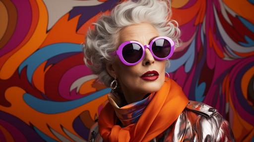 wallpaper with purple and orange marbling, purple and white diamond tile floor, 80 year old lady with wild silver short hair, bright lipstick, big colorful sunglasses --ar 16:9 --s 250