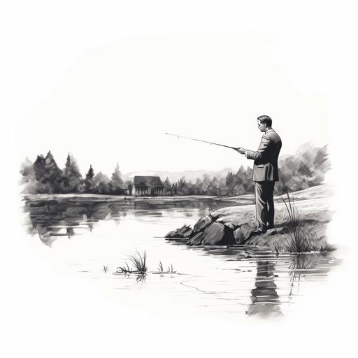 a simple pencil sketch of man fishing in business suit at the shore of a pond. He has a fish that he caught in one hand.