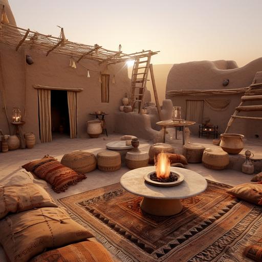 Desert Dwellings: Setting: A desert landscape with traditional Berber tents or kasbahs. Features: Mud-brick walls, flat terraces, and protective turrets. Props: Handwoven carpets, low tables, and open fire pits